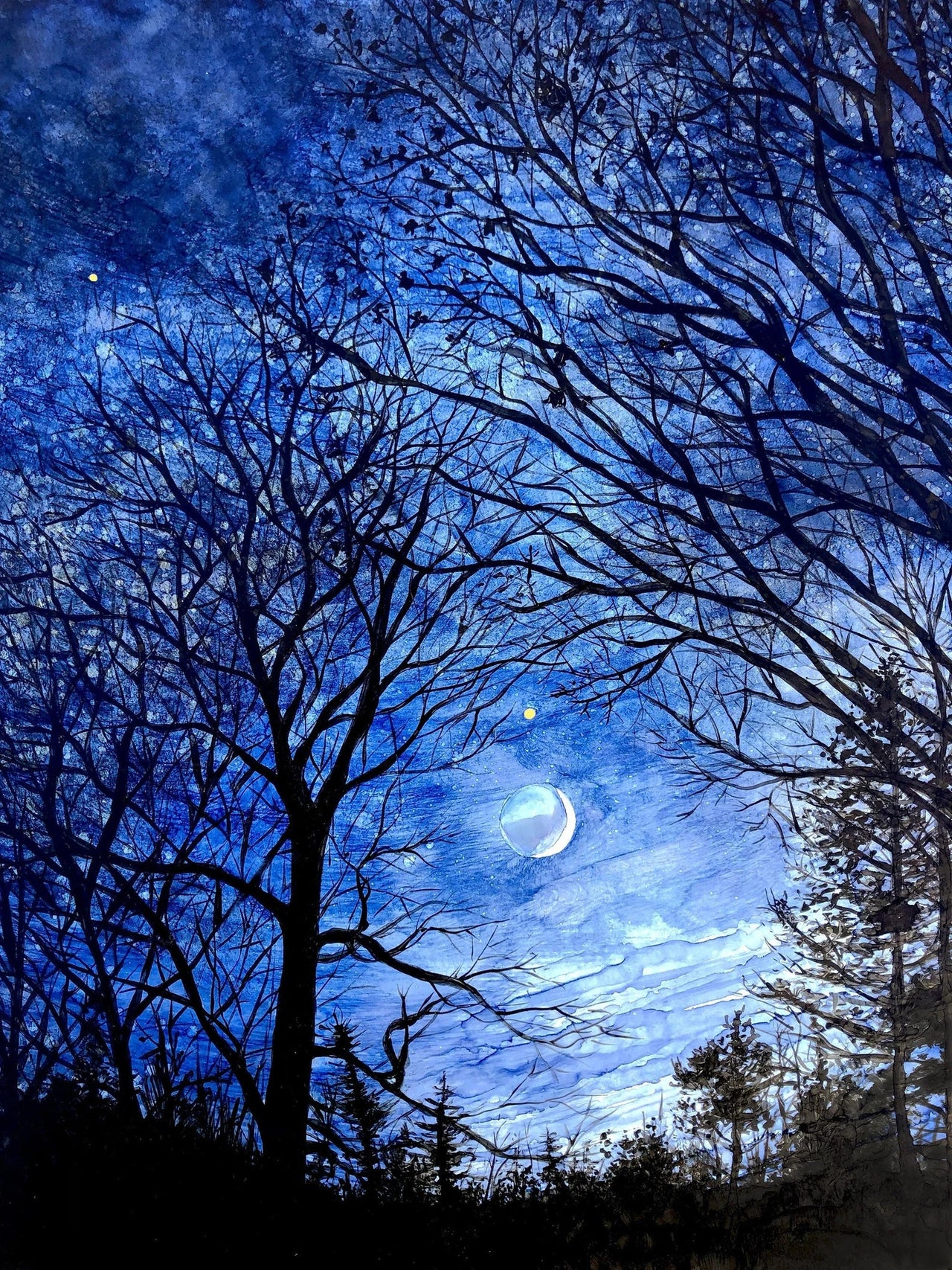 Venus Over Crescent Moon: Prints - 4 SIZES OR SET OF(6) 5"X7" CARDS -