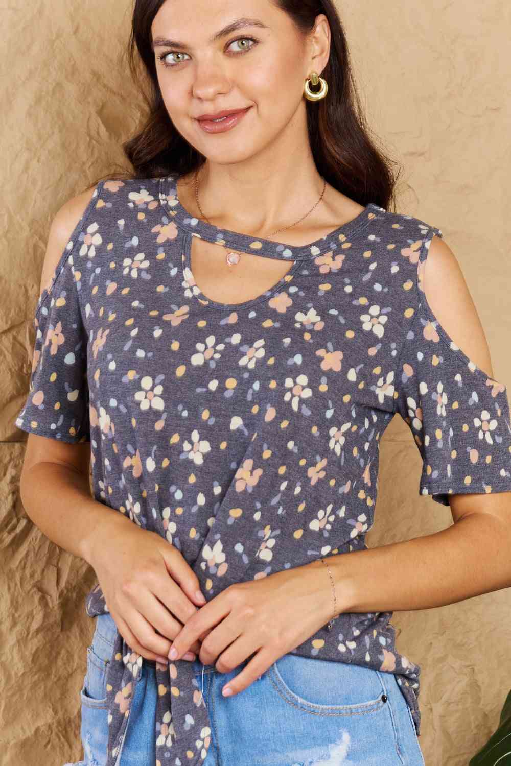 Heimish On My Own Full Size Cold Shoulder Keyhole Floral Print Top - SIZES S THRU 3XL - T - 1 COLOR -