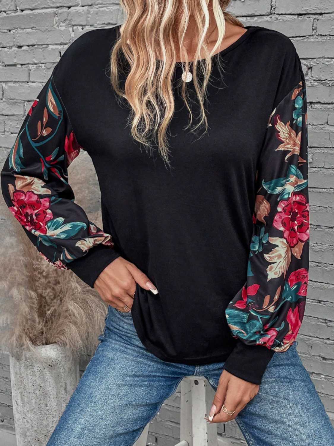 Floral Sleeves Round Neck Long Sleeve Top - T - 1 COLOR -