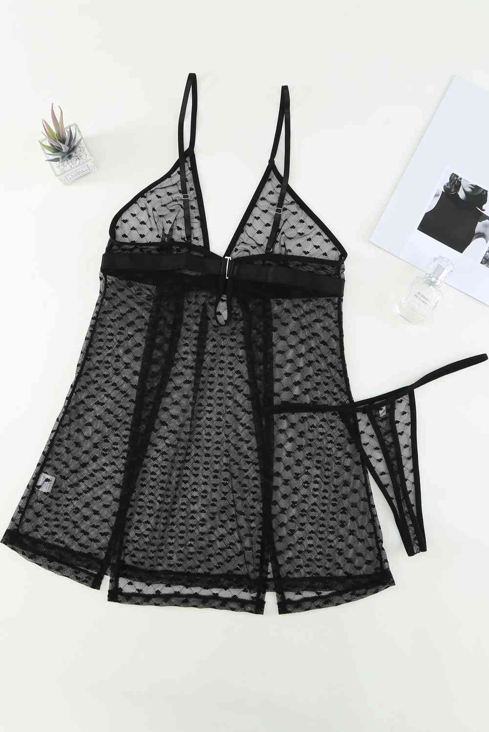 Heart Print Slit Hem Babydoll Lingerie Set with Thong - 2 PCS. - T - 1 COLOR -