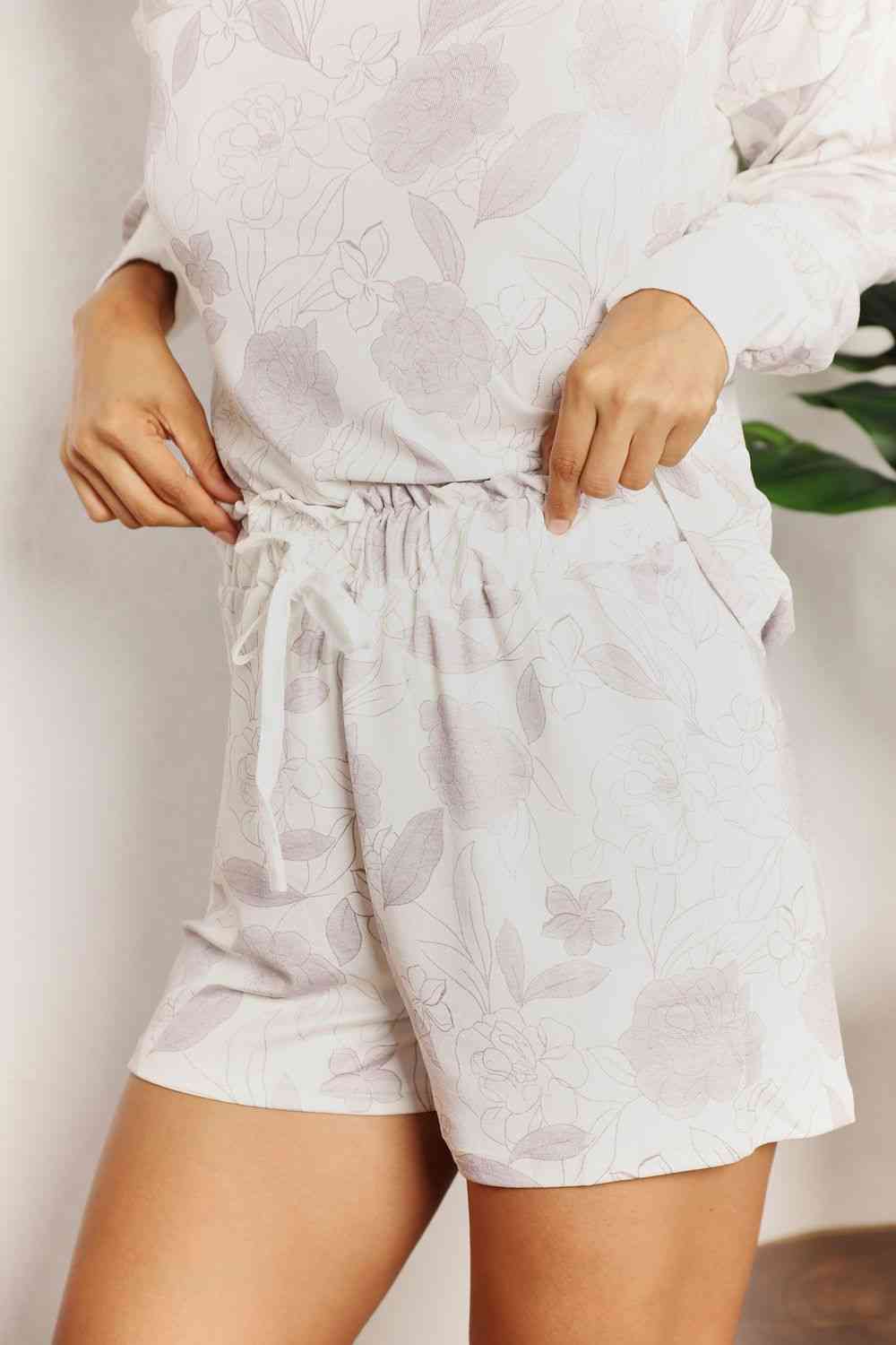 Double Take Floral Long Sleeve Top and Shorts Loungewear Set - 2 PCS. - T - 1 COLOR -