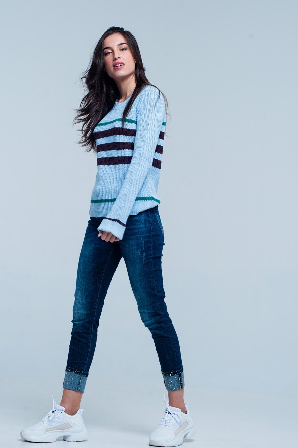 Q2 - Blue Rib Stitch Sweater With Stripes - 1 COLOR -