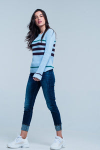 Thumbnail for Q2 - Blue Rib Stitch Sweater With Stripes - 1 COLOR -