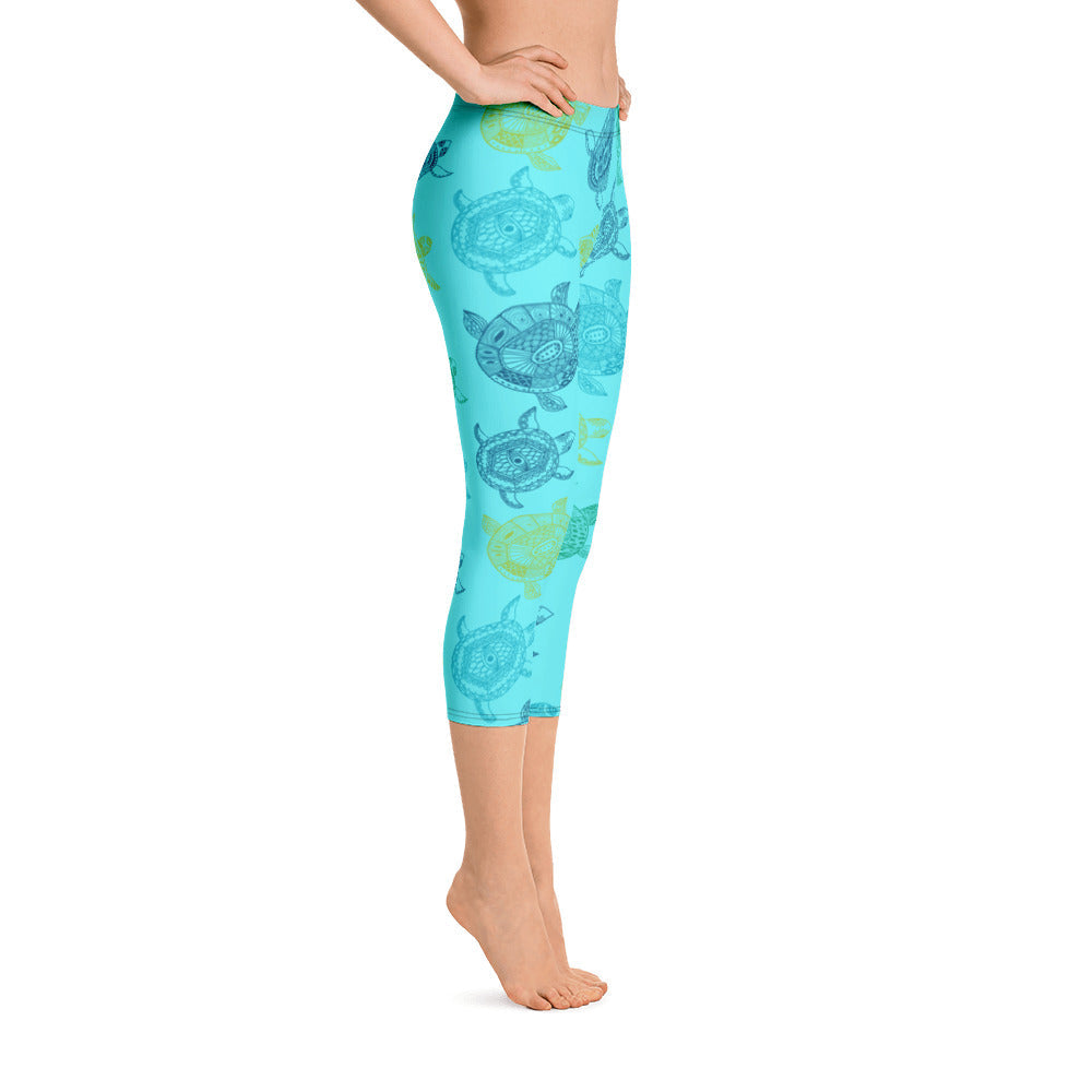 FYC - Women's All Day Comfort Light Blue Turtle Capri Leggings - 1 COLOR -