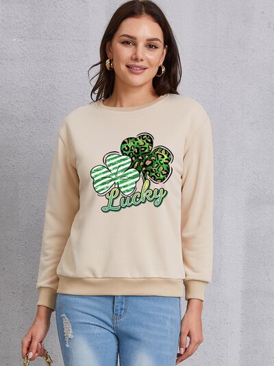 Lucky Clover Round Neck Dropped Shoulder Sweatshirt - T - 3 COLORS -