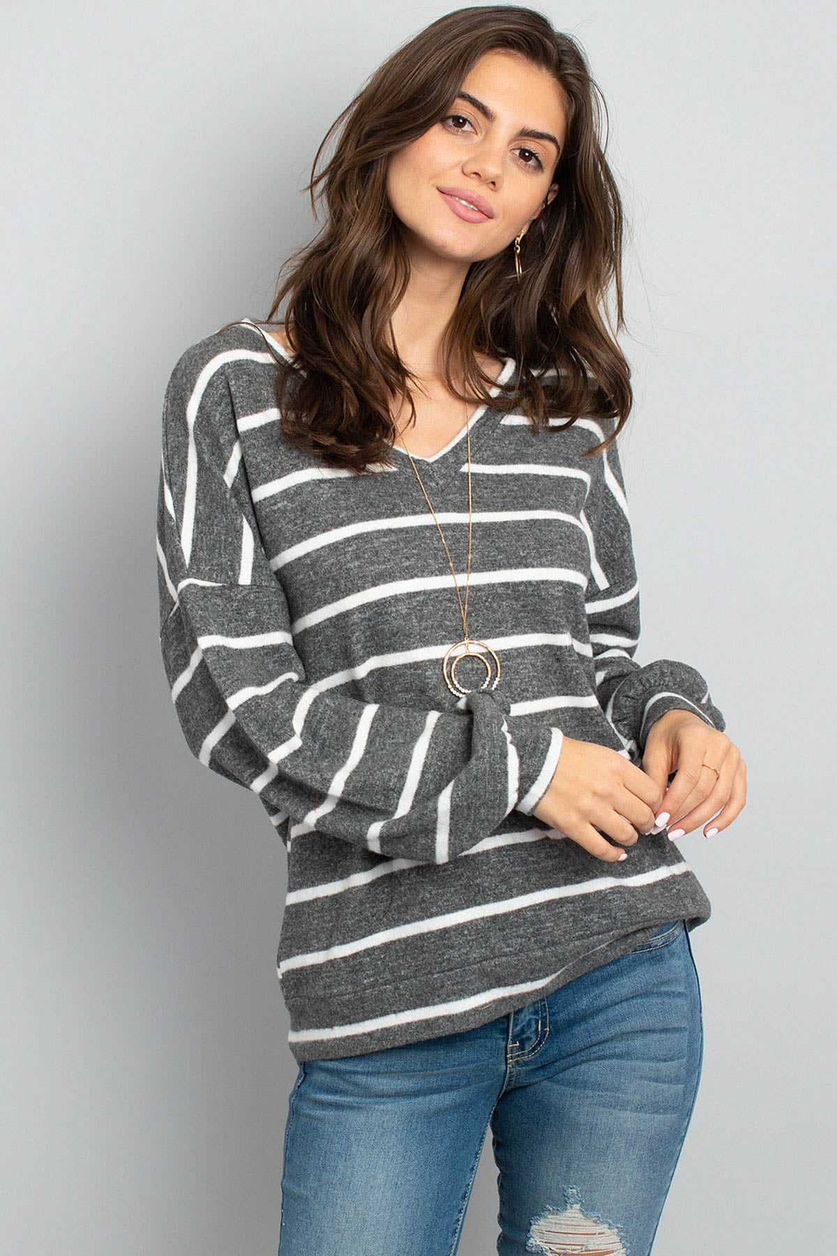 Riah Fashion - Oversized Puff Sleeved V-Neck Striped Top - 4 COLORS -