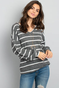 Thumbnail for Riah Fashion - Oversized Puff Sleeved V-Neck Striped Top - 4 COLORS -