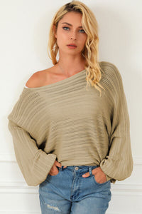 Thumbnail for Openwork Boat Neck Lantern Sleeve Sweater - T - 4 COLORS -