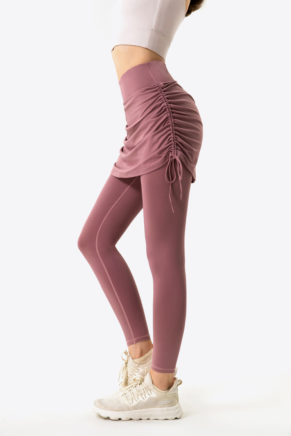 Drawstring Ruched Faux Layered Yoga Leggings - T - 7 COLORS -