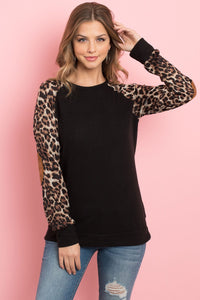 Thumbnail for Riah Fashion - Leopard Sleeve Elbow Patch Sweater - 1 COLOR -