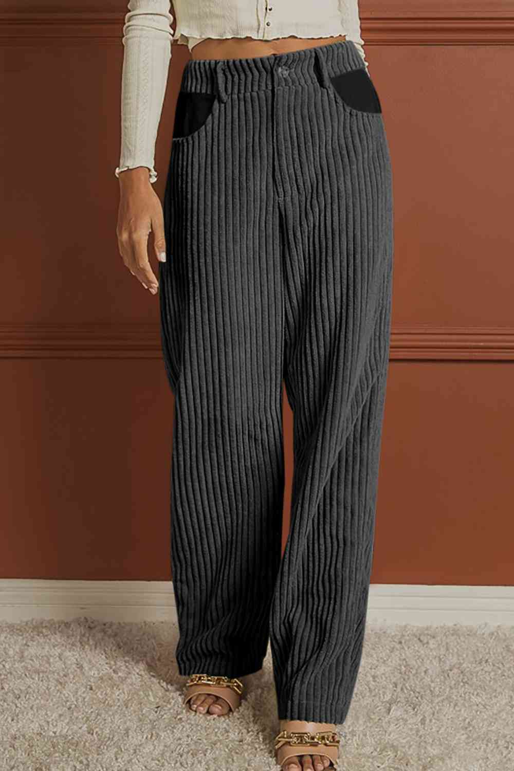 Ribbed Longline Pocketed Pants - T - 1 COLOR -