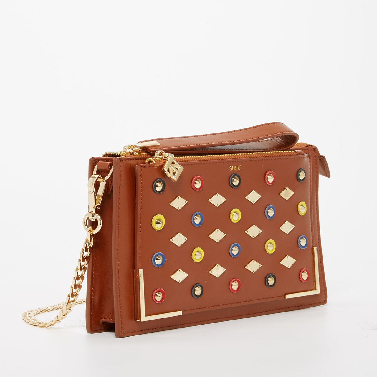 Studded Crossbody Brown Clutch -