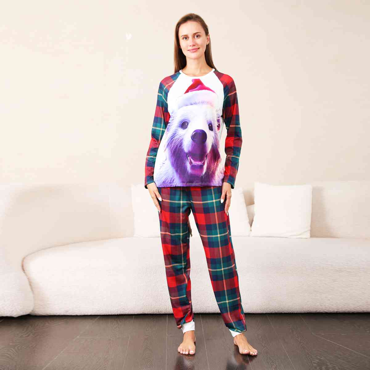 WOMEN Graphic Round Neck Top and Plaid Pants Set - T -