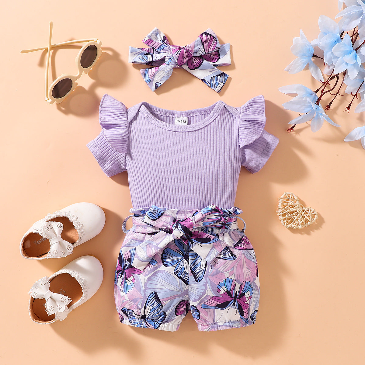 Ribbed Ruffle Shoulder Bodysuit and Butterfly Print Shorts Set with Headband - 3 PCS. - T - 1 COLOR COMBO -