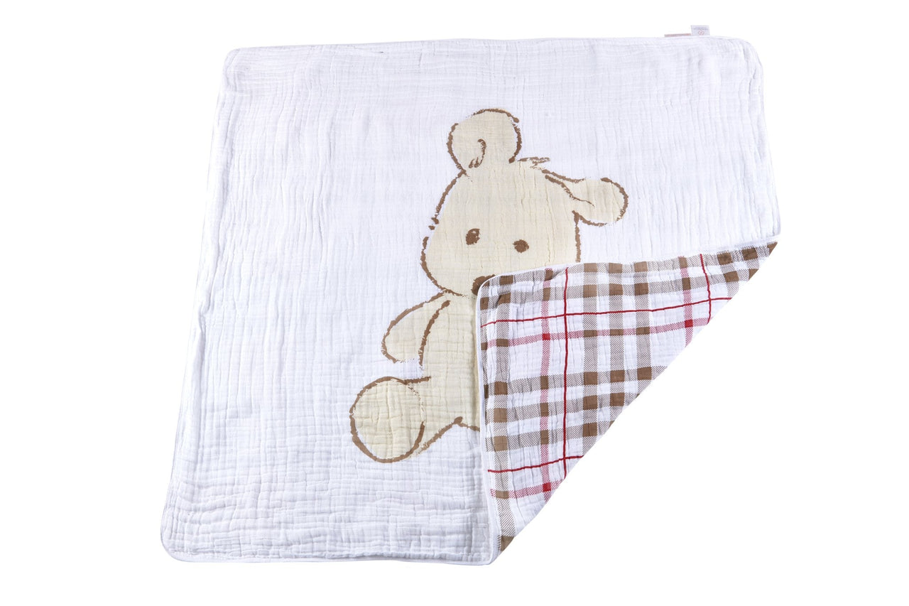 Teddy Bear and Plaid Cotton Muslin Newcastle Blanket -