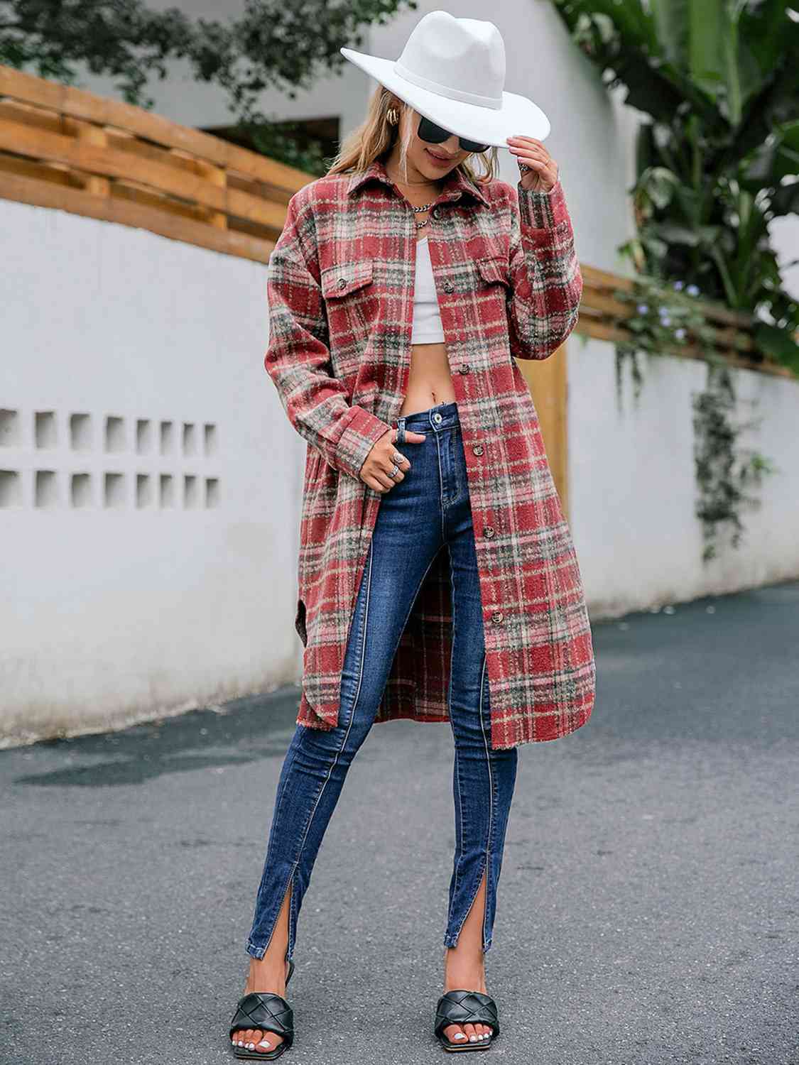 Plaid Collared Neck Button Down Longline Jacket - T - 4 COLORS -