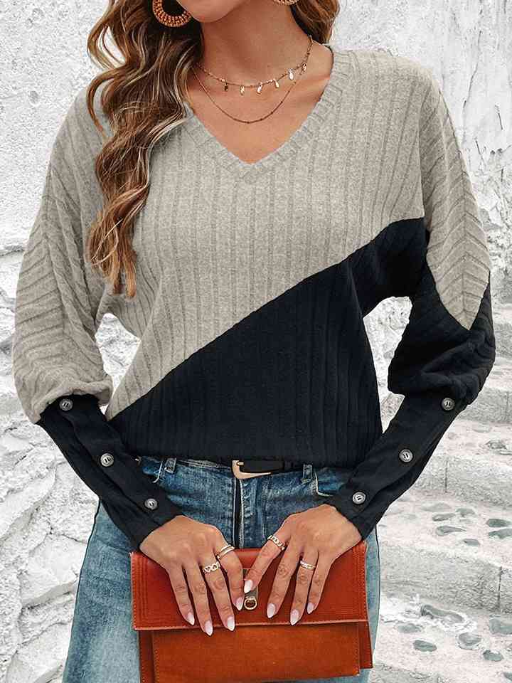 Contrast Buttoned V-Neck Blouse - T - 4 COLORS -