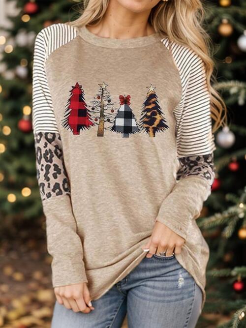 Christmas Tree Graphic Striped Long Sleeve Sweatshirt - T - 1 COLOR -