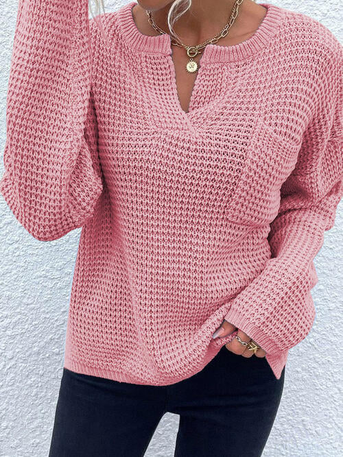 Notched Long Sleeve Sweater - T - 6 COLORS -