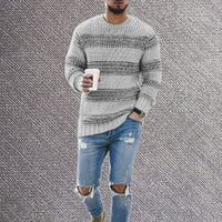 Thumbnail for Men's fitted striped round neck long sleeve knitted sweater - K - 3 COLORS -