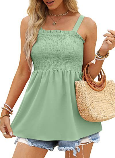 Women's Solid Color Camisole Ruffle Pleated Tank Top - K - 6 COLORS -