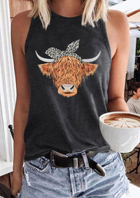 Thumbnail for Leopard Bow Knot Bull Head Pattern Printed Round Neck Loose Women's Vest - K - 1 COLOR -