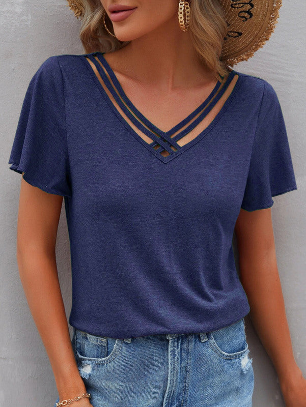 Women's Solid Color Cross Straps V-Neck Tee - K - 6 COLORS -