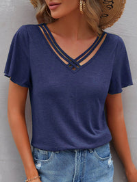 Thumbnail for Women's Solid Color Cross Straps V-Neck Tee - K - 6 COLORS -