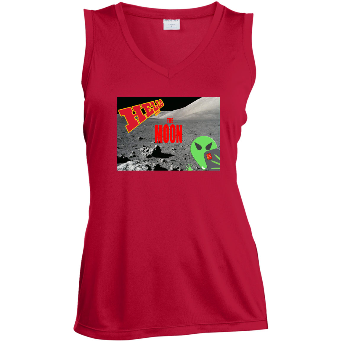 AL - Hello from THE MOON - selfie - postcard - LST352 Ladies' Sleeveless V-Neck Performance Tee - 4 COLORS -