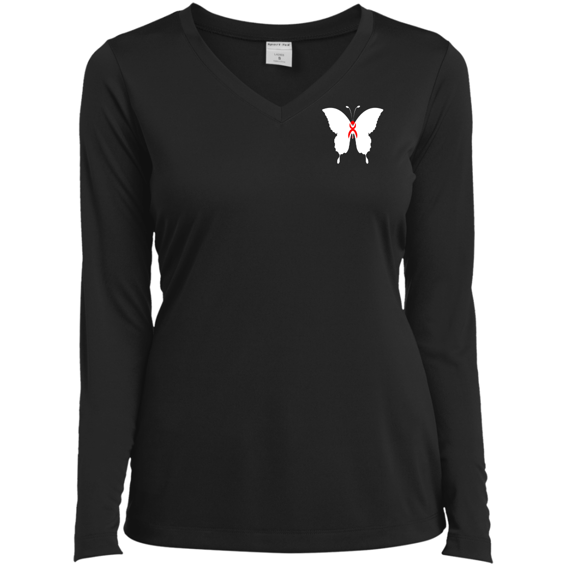 BUTTERFLY EN WHITE -  RED GLYPHIC - LST353LS Ladies’ Long Sleeve Performance V-Neck Tee - 3 COLORS -