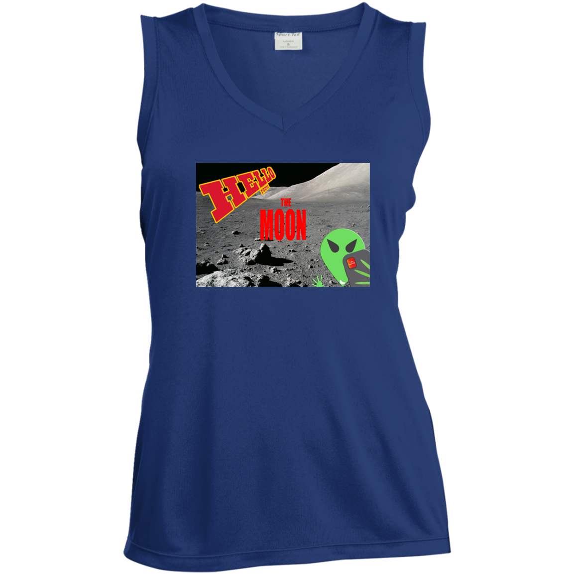 AL - Hello from THE MOON - selfie - postcard - LST352 Ladies' Sleeveless V-Neck Performance Tee - 4 COLORS -