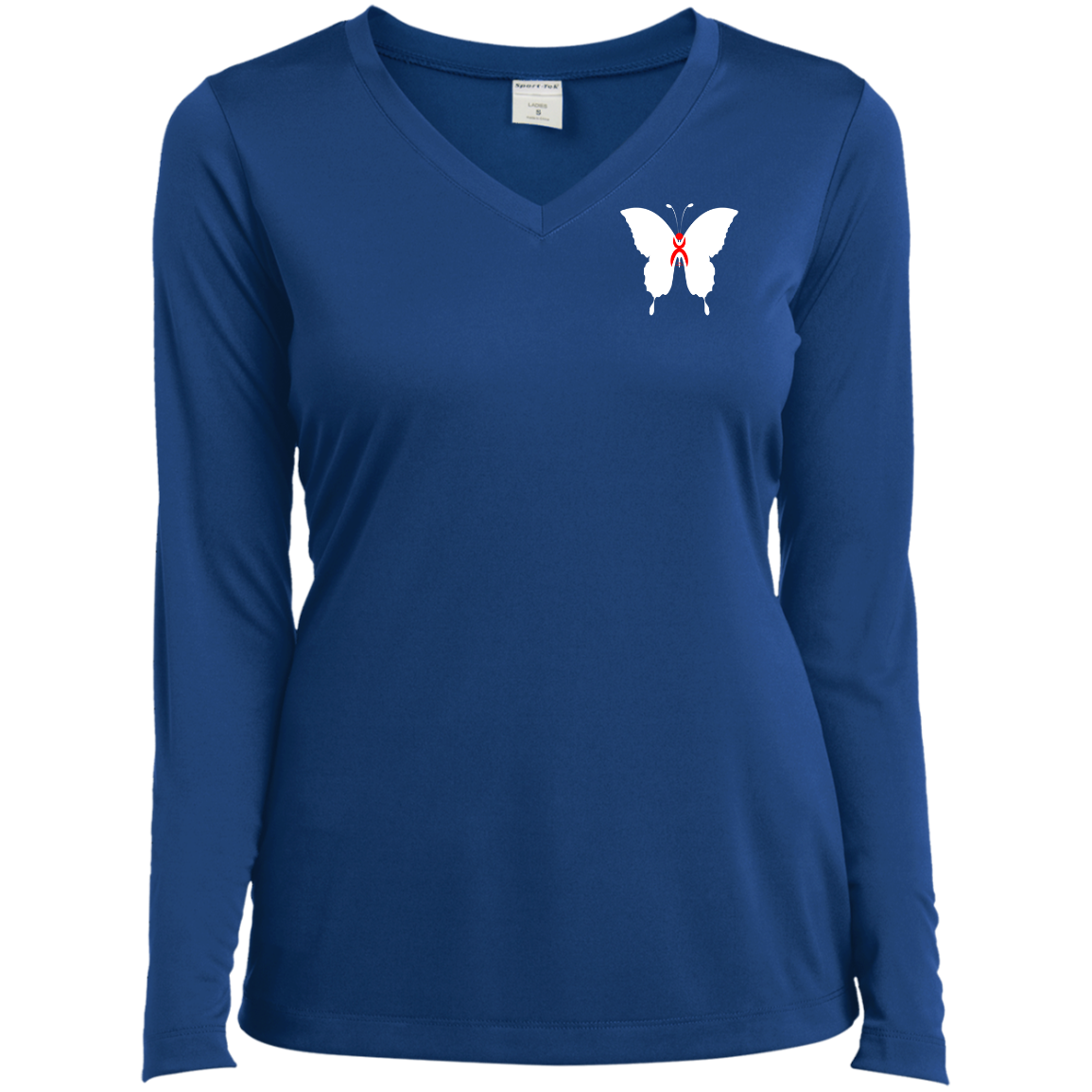 BUTTERFLY EN WHITE -  RED GLYPHIC - LST353LS Ladies’ Long Sleeve Performance V-Neck Tee - 3 COLORS -