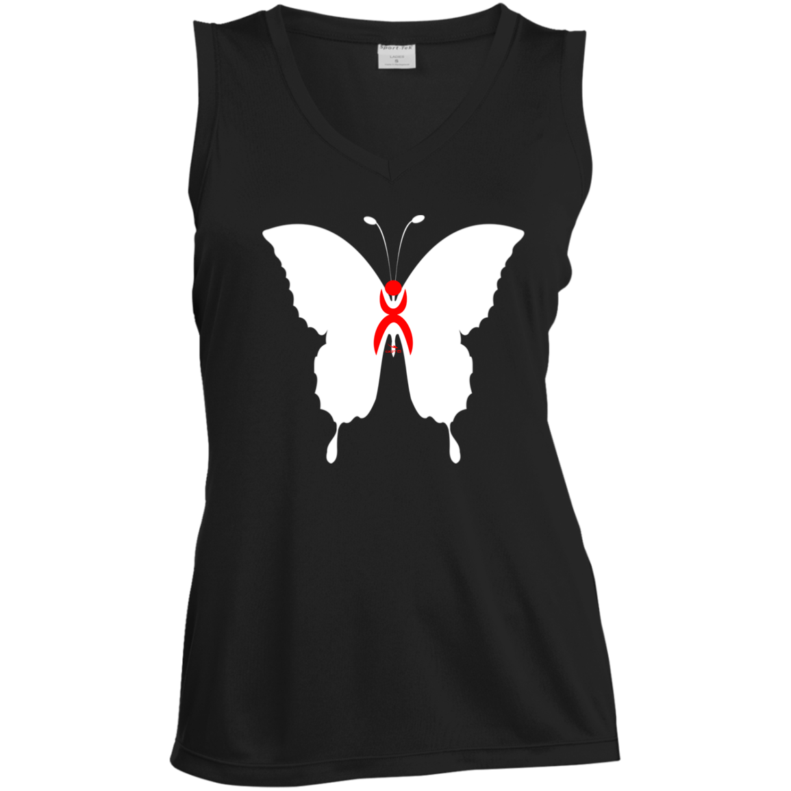 BUTTERFLY EN WHITE -  RED GLYPHIC - LST352 Ladies' Sleeveless V-Neck Performance Tee - 1 COLOR -