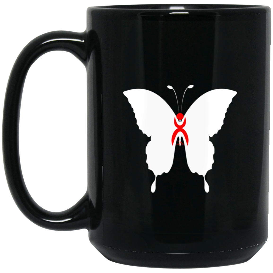 OOTO - BUTTERFLY  EN WHITE -  RED GLYPHIC - BM15OZ 15 oz. Black Mug - 1 COLOR -