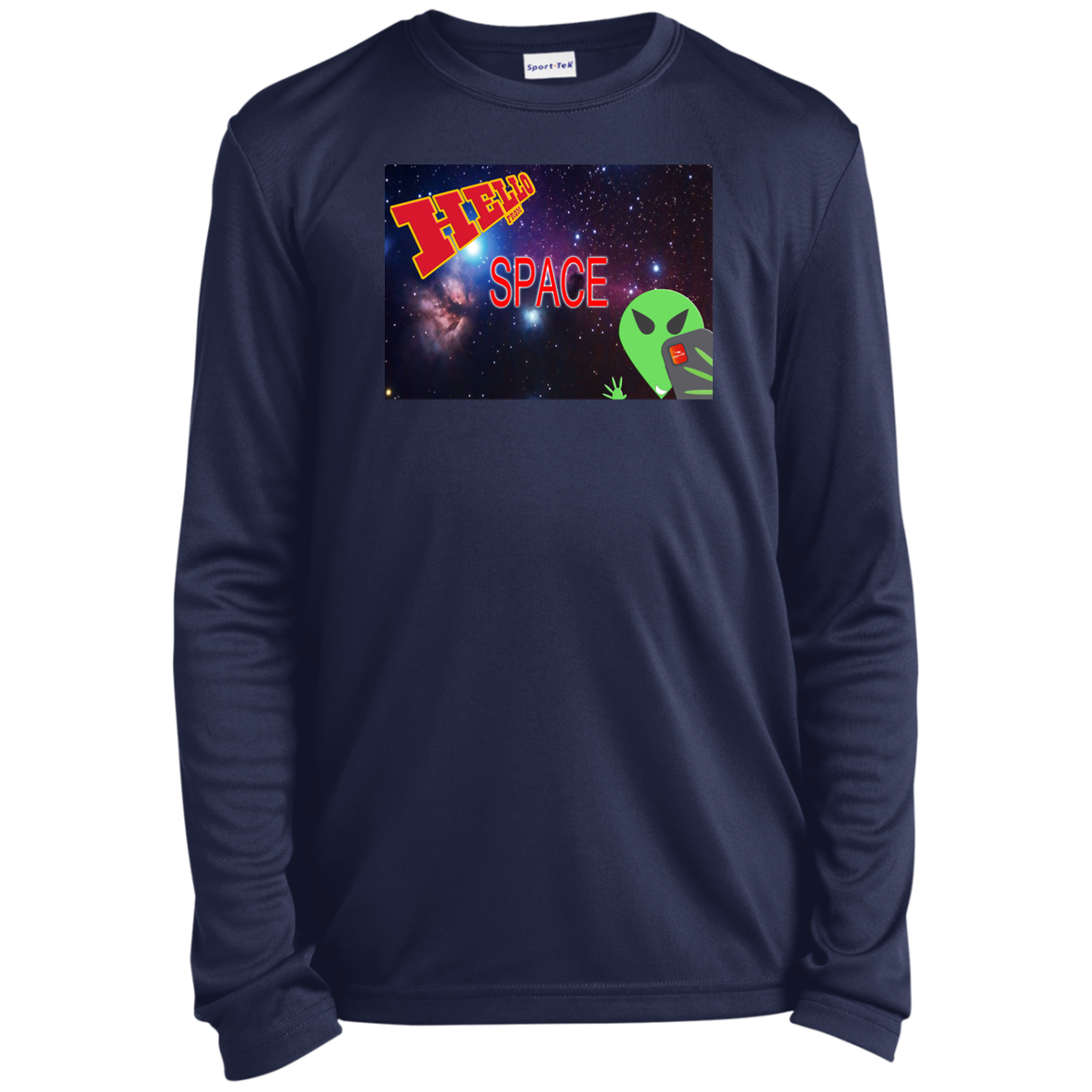 AL -Hello from SPACE - selfie - postcard -  YST350LS Youth Long Sleeve Performance Tee - 3 COLORS -