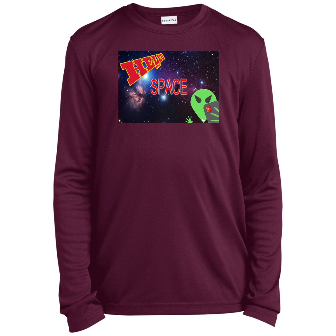 AL -Hello from SPACE - selfie - postcard -  YST350LS Youth Long Sleeve Performance Tee - 3 COLORS -