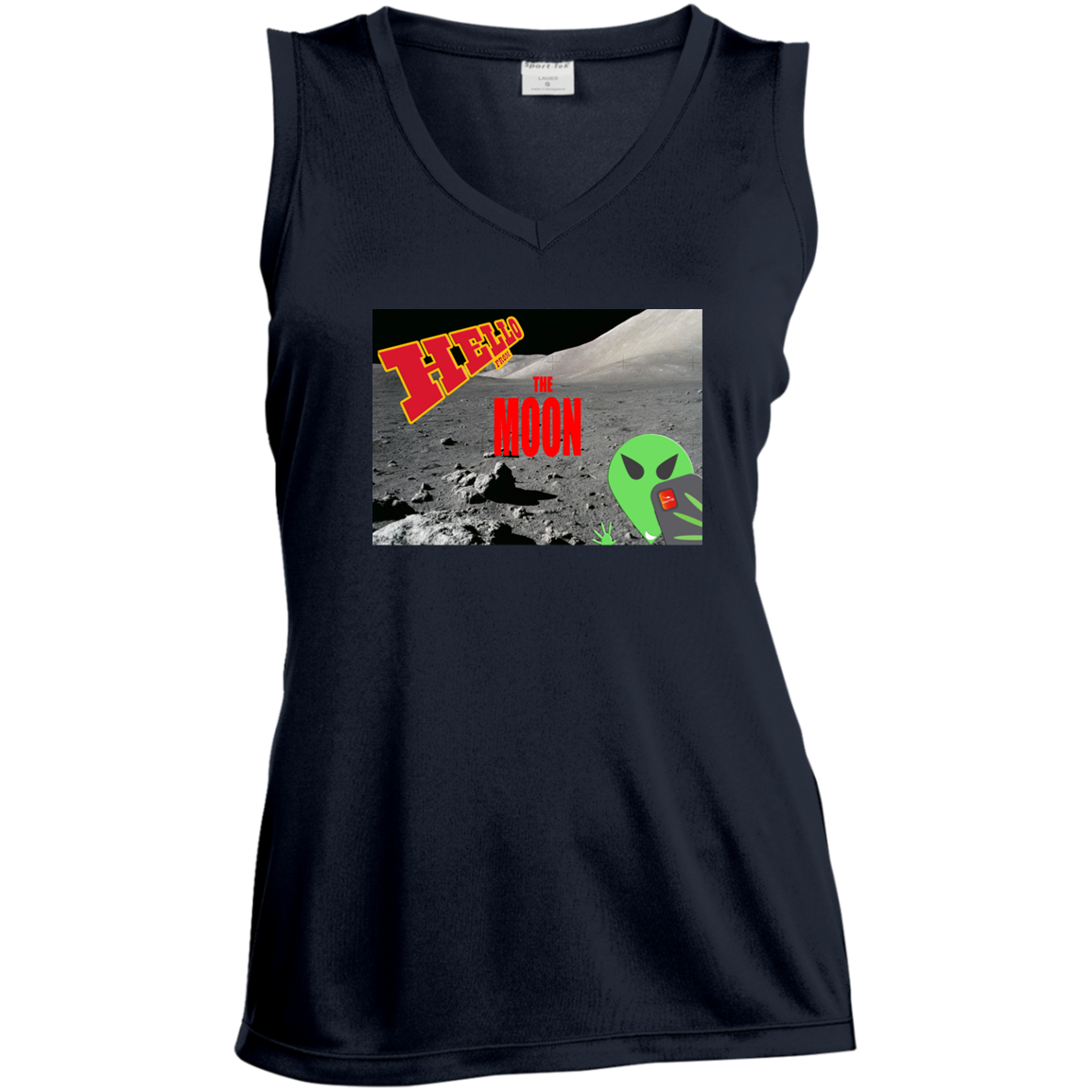 AL - Hello from THE MOON - selfie - postcard - LST352 Ladies' Sleeveless V-Neck Performance Tee - 4 COLORS -