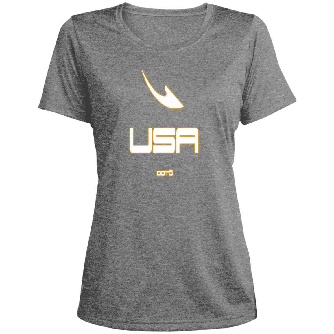 USA OOTO DASH EN WHITE STRETCH - MZ OG - LST360 Ladies' Heather Scoop Neck Performance Tee - 6 COLORS -