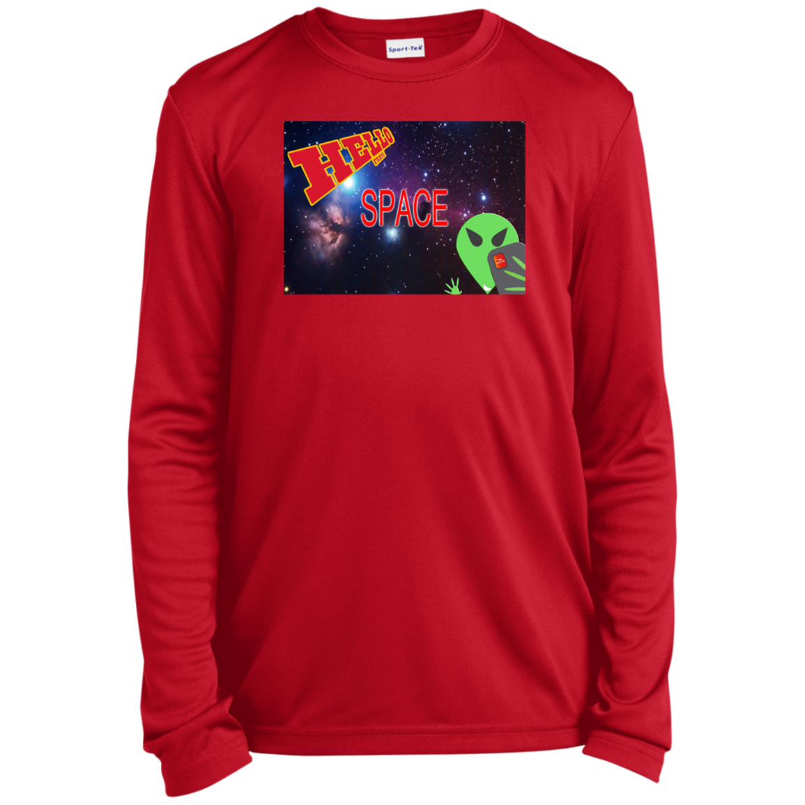 AL -Hello from SPACE - selfie - postcard -  YST350LS Youth Long Sleeve Performance Tee - 3 COLORS -