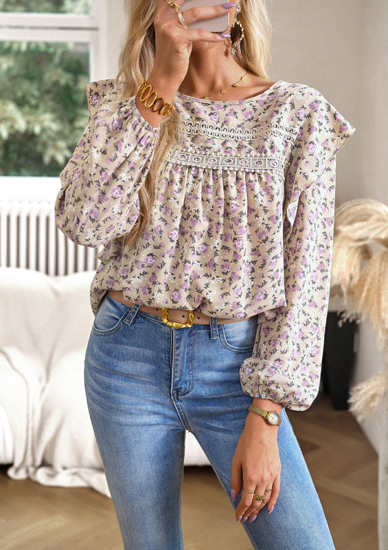 New women's round neck floral long-sleeved top - K - 2 COLORS -