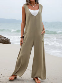 Thumbnail for Solid color patch pocket fashion jumpsuit V-neck overalls wide-leg  Beach & everyday trousers - K - 5 COLORS -