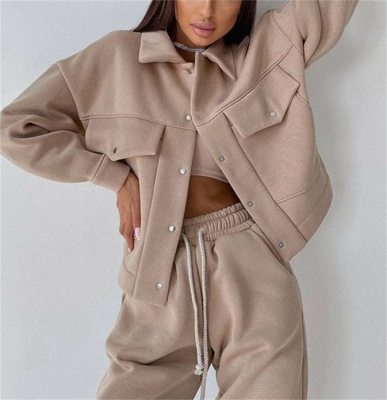 Solid color women's jacket jacket casual trousers suit long-sleeved jacket sweater two-piece suit - 2 PCS - K - 4 COLORS -