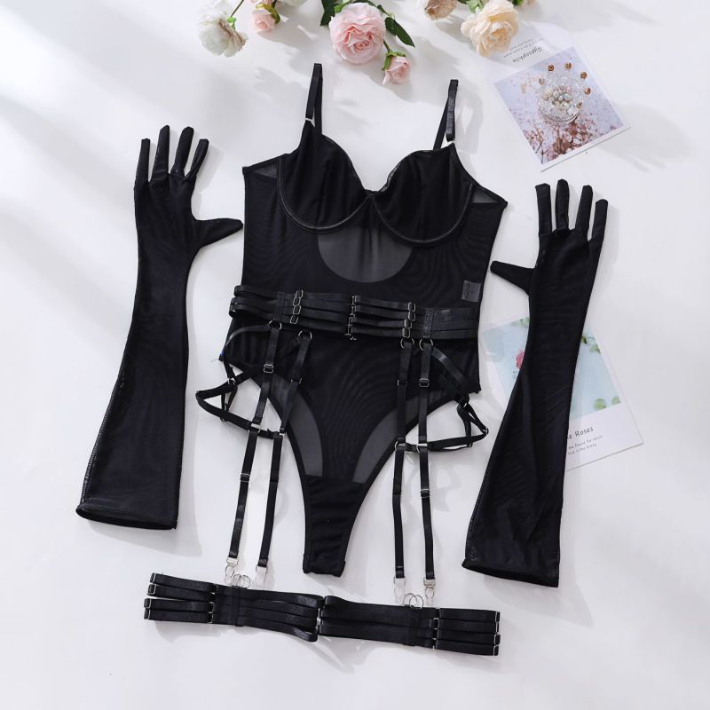 New sexy one-piece bodysuit with gloves and bandage see-through mesh  - 4 PCS. - K - 4 COLORS -