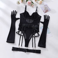 Thumbnail for New sexy one-piece bodysuit with gloves and bandage see-through mesh  - 4 PCS. - K - 4 COLORS -