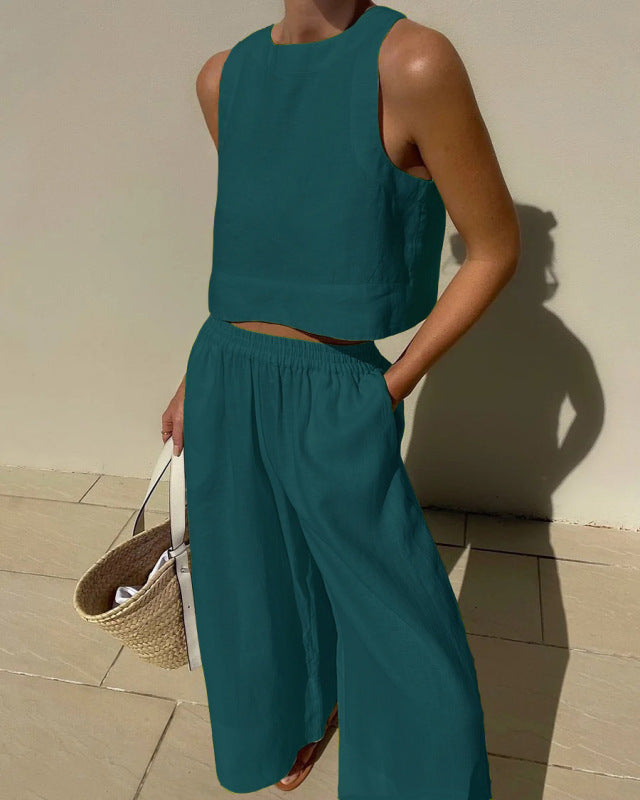 New casual loose solid color sleeveless shirt trousers two-piece set - 2 PCS. - K - 7 COLORS -