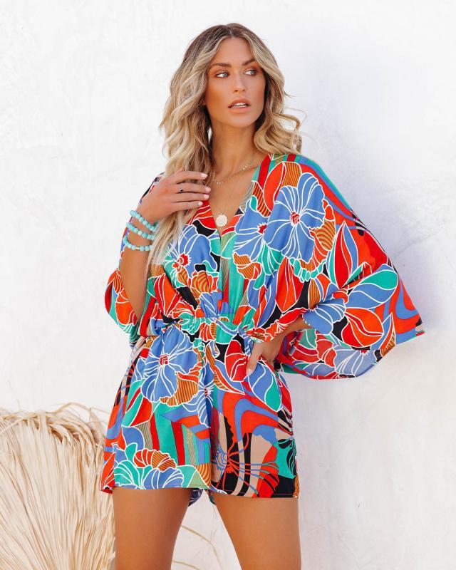 New Elegant Casual Fashion Printed Waist Short Sleeve Jumpsuit - Beach & Everyday - K - 2 COLORS/PATTERNS -