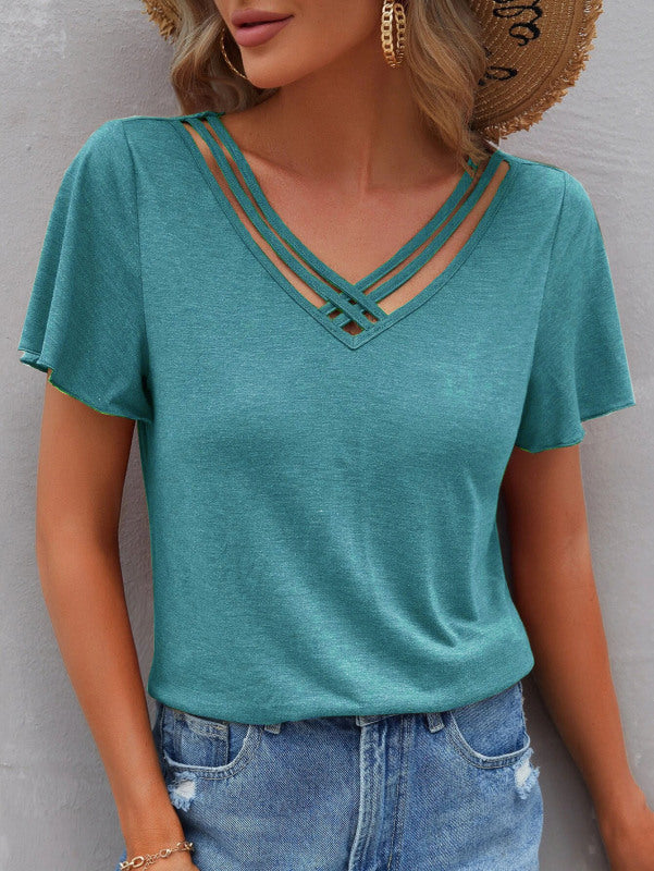 Women's Solid Color Cross Straps V-Neck Tee - K - 6 COLORS -