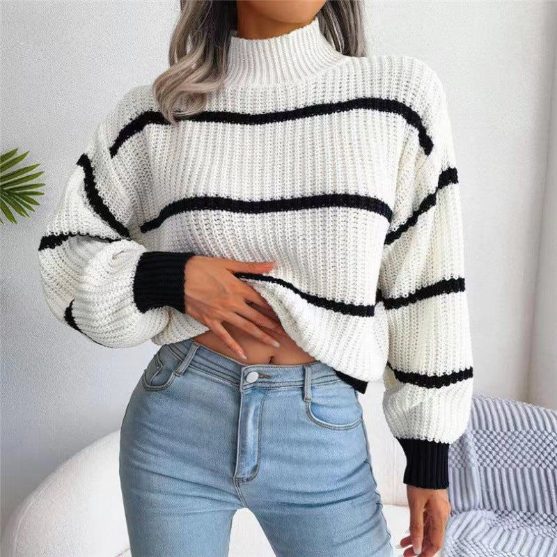 Women's Casual Striped Balloon Sleeve Turtleneck Sweater - K - 3 COLORS -