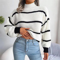 Thumbnail for Women's Casual Striped Balloon Sleeve Turtleneck Sweater - K - 3 COLORS -