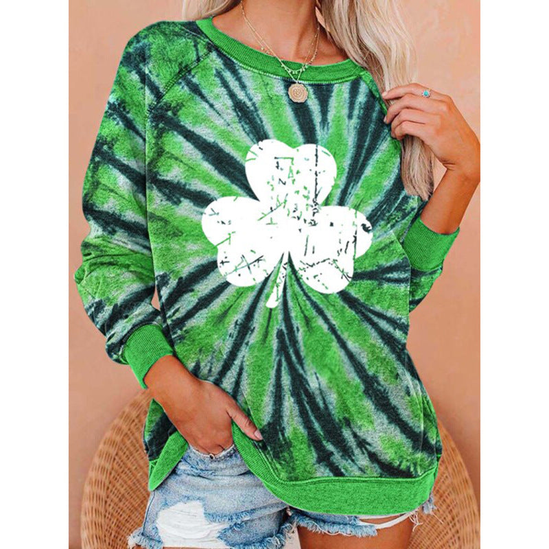 Women's St. Patrick's Irish Day Round Neck Tie Dye Long Sleeve Sweatshirt - K - 1 COLOR -